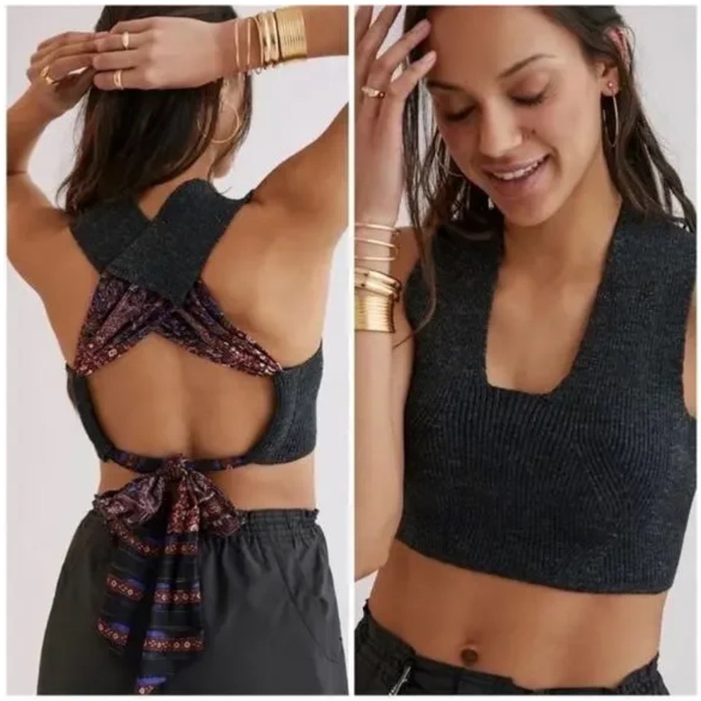 Anthropologie Charcoal Tank Top with Patterned Tie